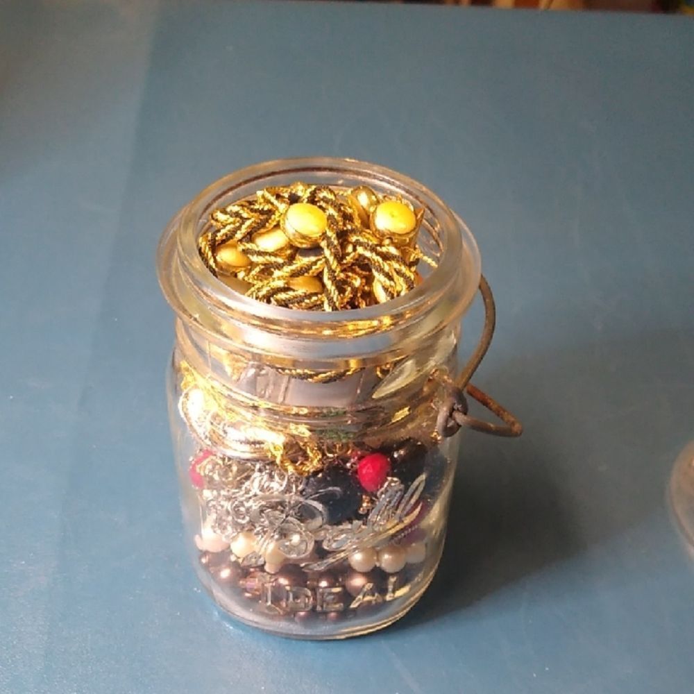 Vintage Ball Pint Jar Gold and Silver Beaded Jewelry Jar